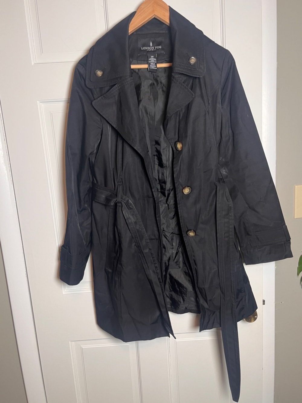 London Fog Black Trench Coat Belted Rain Coat Buttons Women's Medium